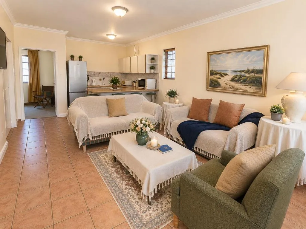 Open-plan living area with a small kitchenette along the back wall