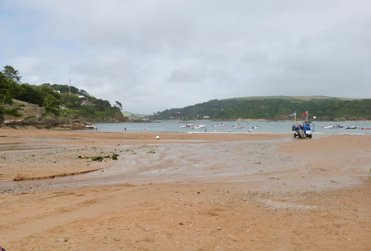 South Sands, Salcombe, with the sea tractor at the water's edge