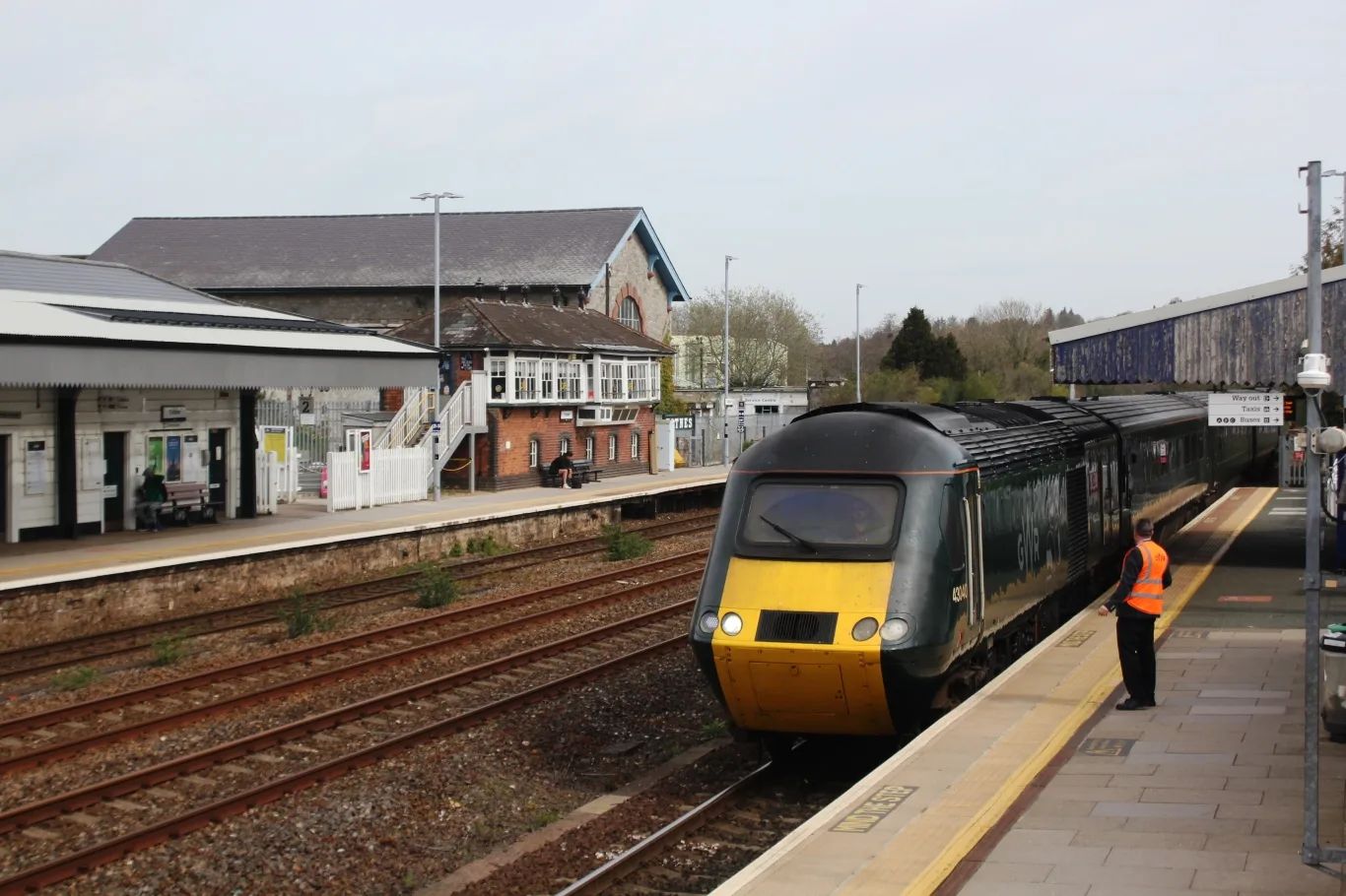 A Great Western Railway train arriving at Totnes station on the main line between Exeter and Plymouth