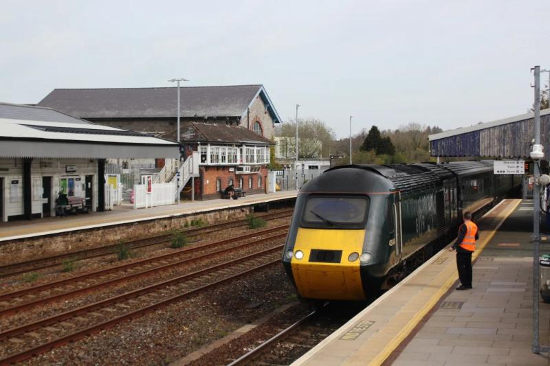 A Great Western Railway train arriving at Totnes station on the main line between Exeter and Plymouth
