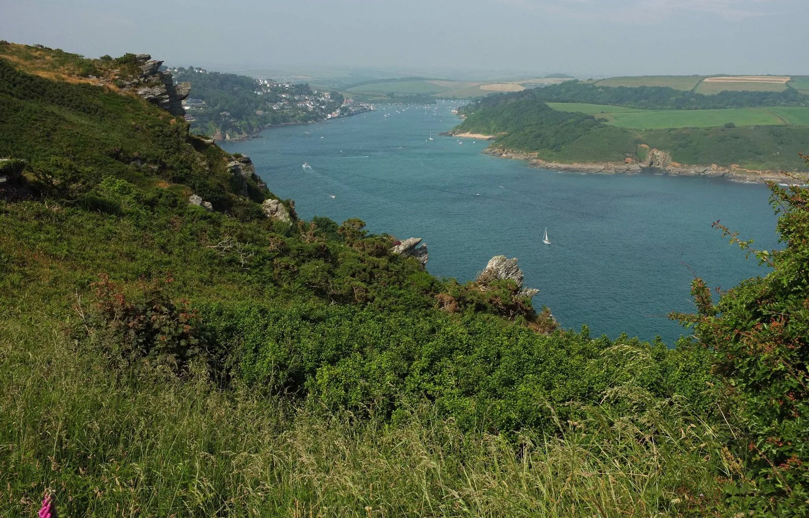 The Kingsbridge Estuary at Salcombe seen from the cliffs to the south, with the town in the distance, boats on the water and the wooded East Portlemouth shore on the right