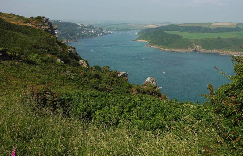 The Kingsbridge Estuary at Salcombe seen from the cliffs to the south, with the town in the distance, boats on the water and the wooded East Portlemouth shore on the right