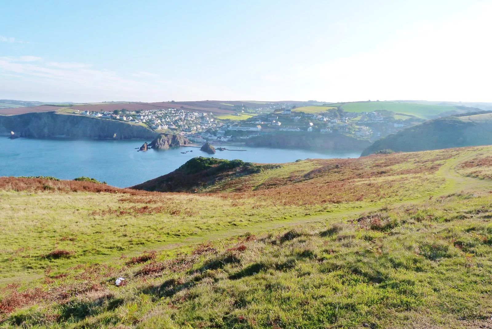 An elevated view across Hope Cove towards the village, with cliffs on one side and houses strung along the shore beyond a small rocky headland