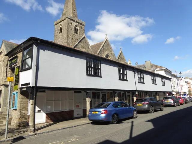 The Shambles, a timber-framed market arcade raised on stone pillars on Fore Street in Kingsbridge